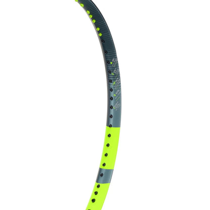 Tennis racket with a black and yellow design on a white background