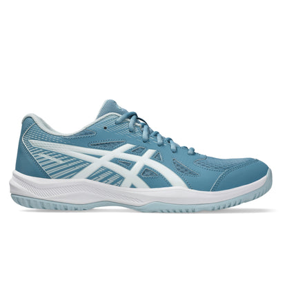 Blue squash shoe with white accents on a white background