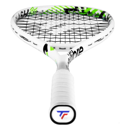 A white Tecnifibre squash racket with black and neon green graphics, featuring a white wrapped handle and a circular black end-cap with a red and blue 'TF' logo, shown against a plain white background.