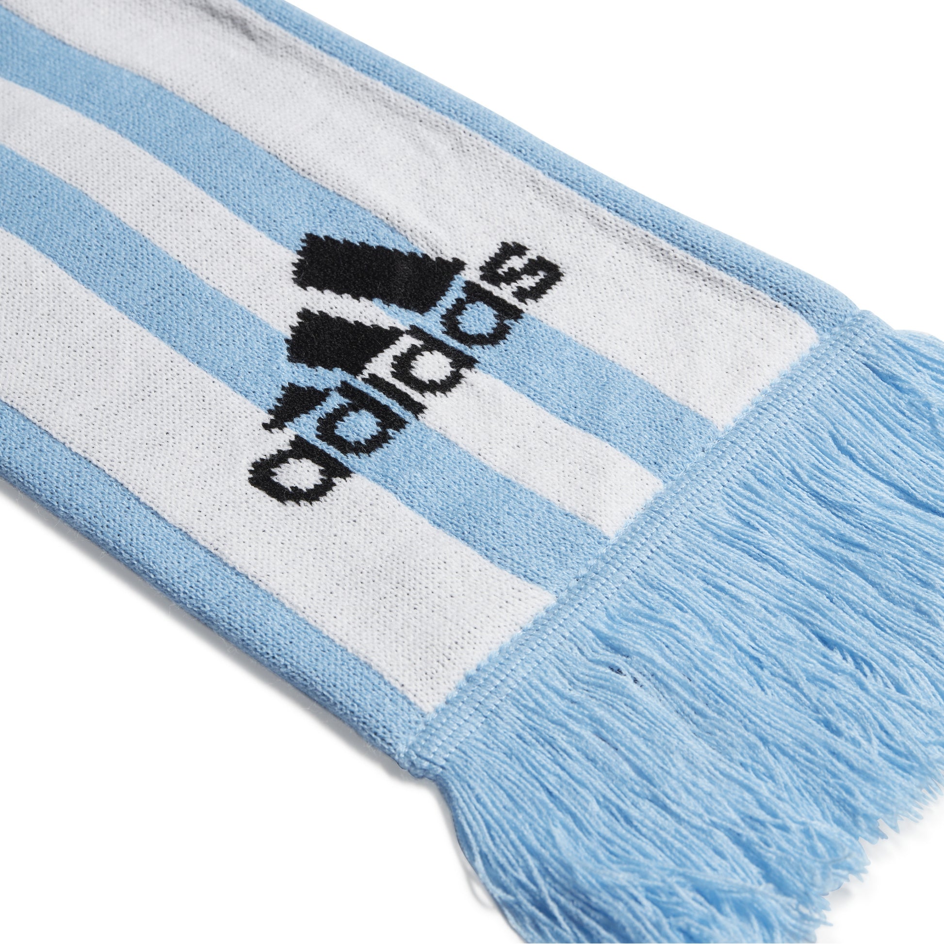 Blue and white striped scarf with Adidas logo on a white background