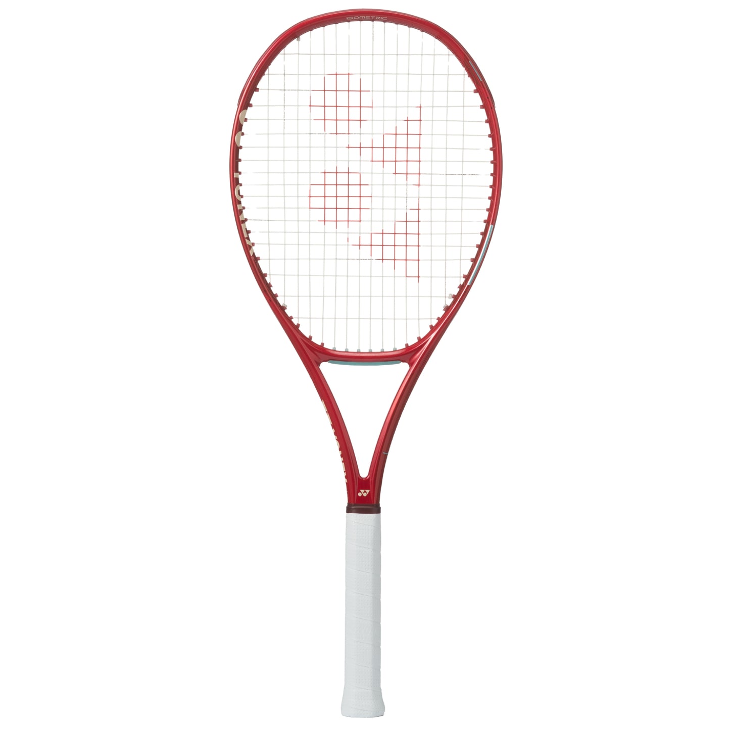 Red and white tennis racket on a white background