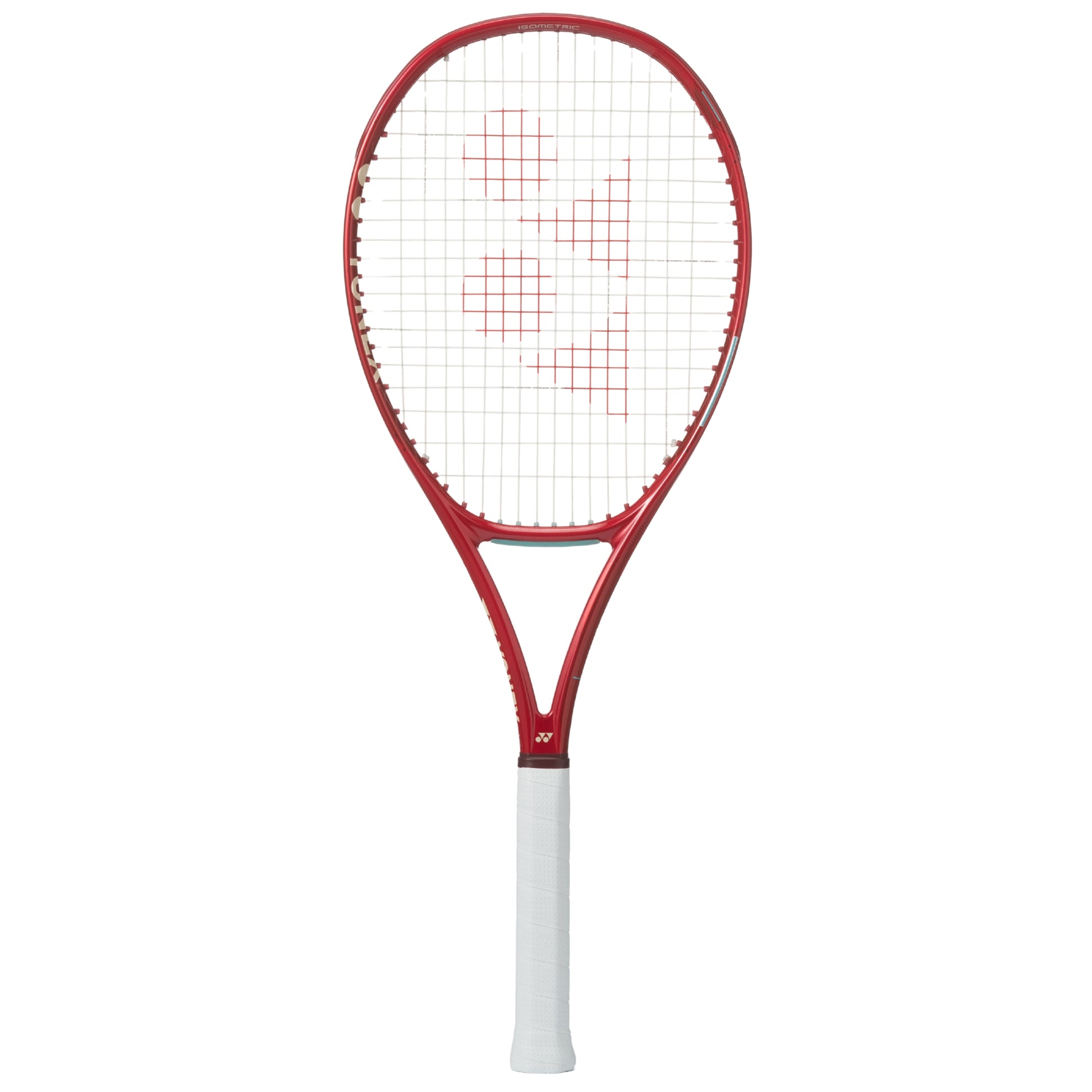 Red and white tennis racket on a white background