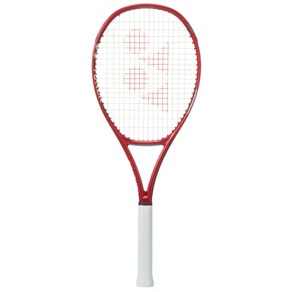 Red and white tennis racket on a white background