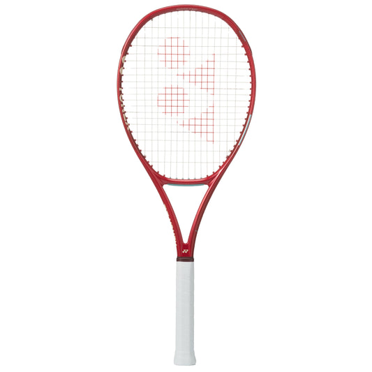Red and white tennis racket on a white background