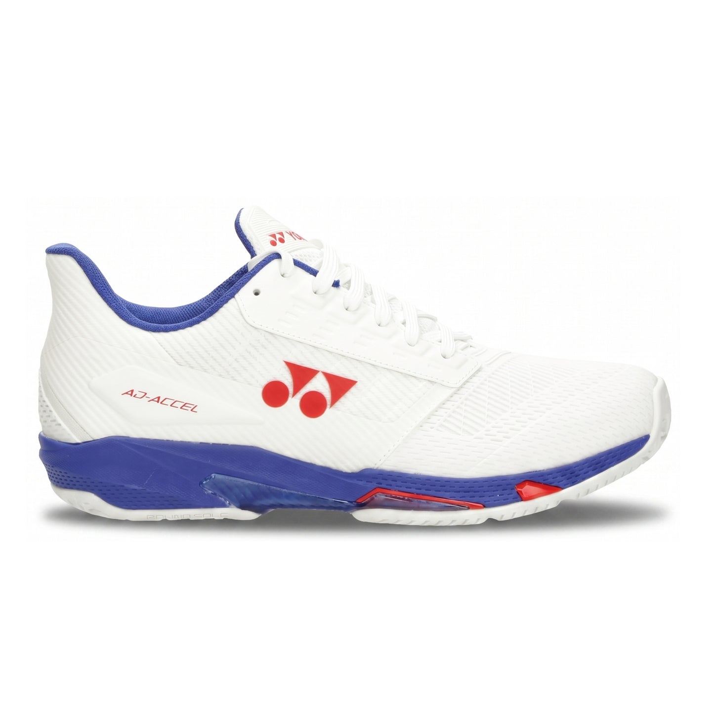 White and blue Yonex tennis shoe with red accents on a white background