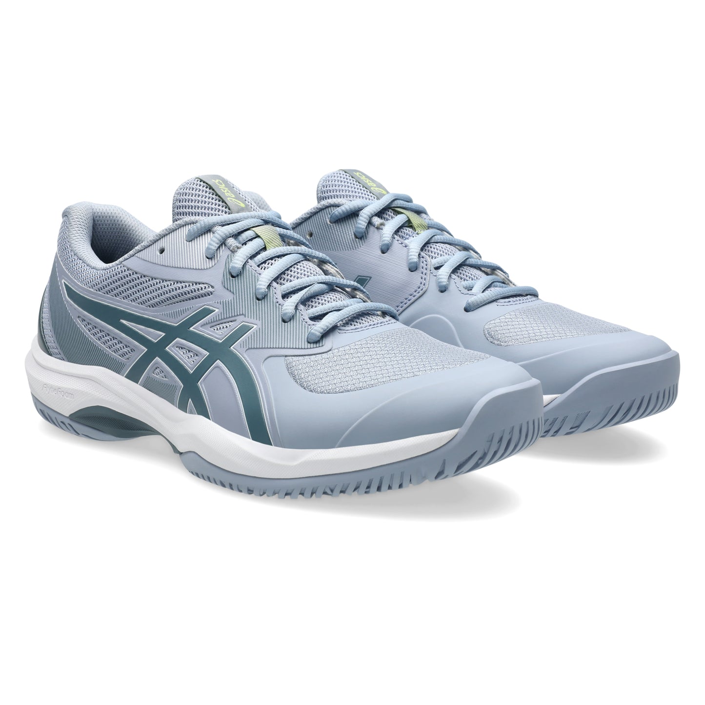 Pair of light gray tennis shoes on a white background