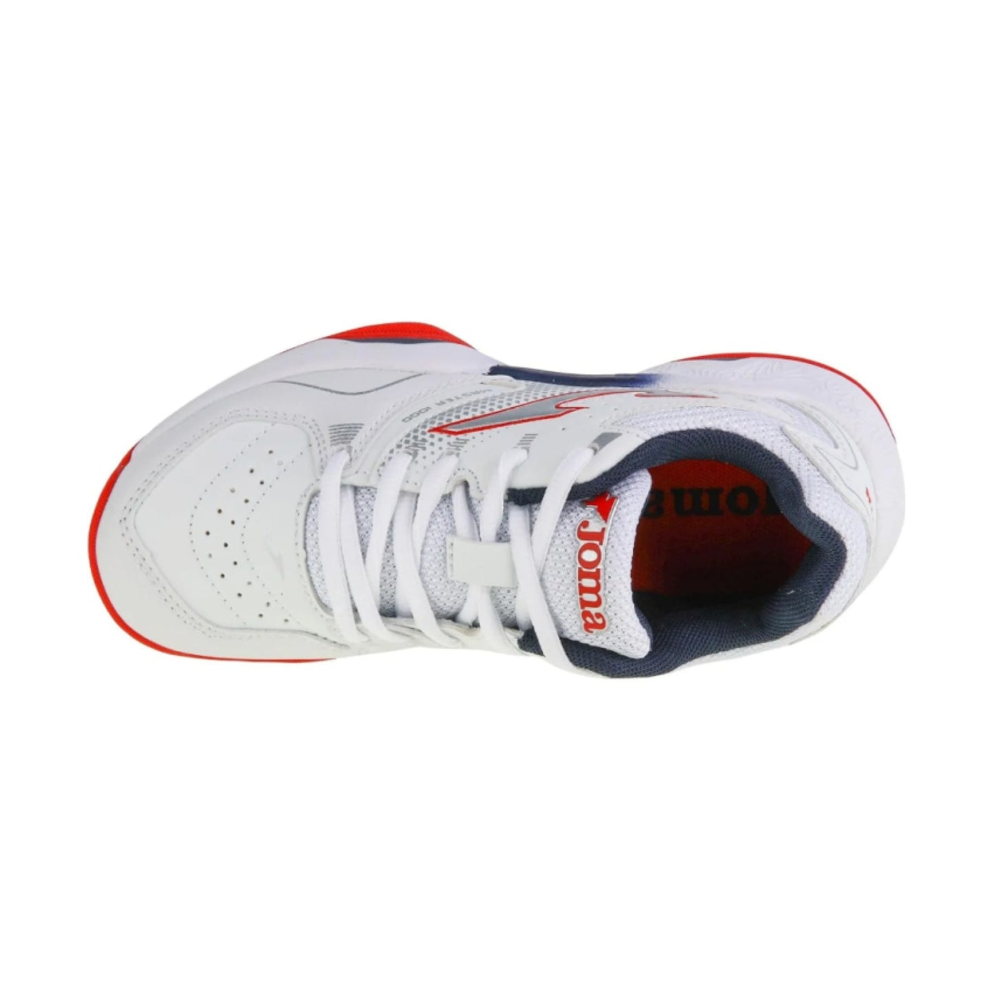 White tennis shoe with red and blue accents on a white background
