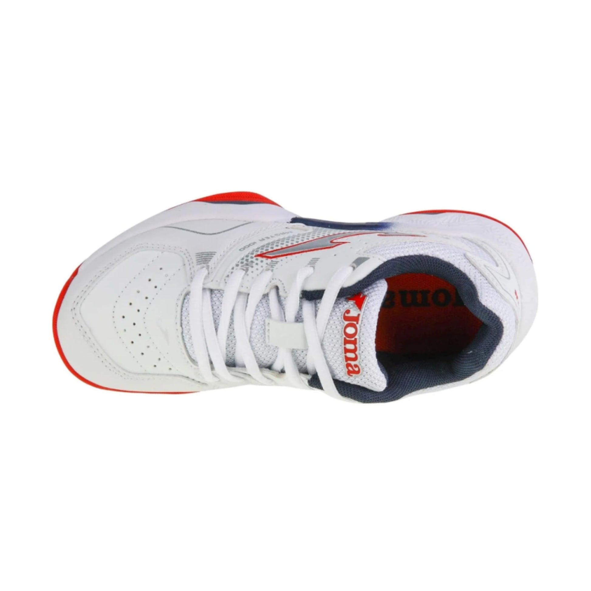 White tennis shoe with red and blue accents on a white background