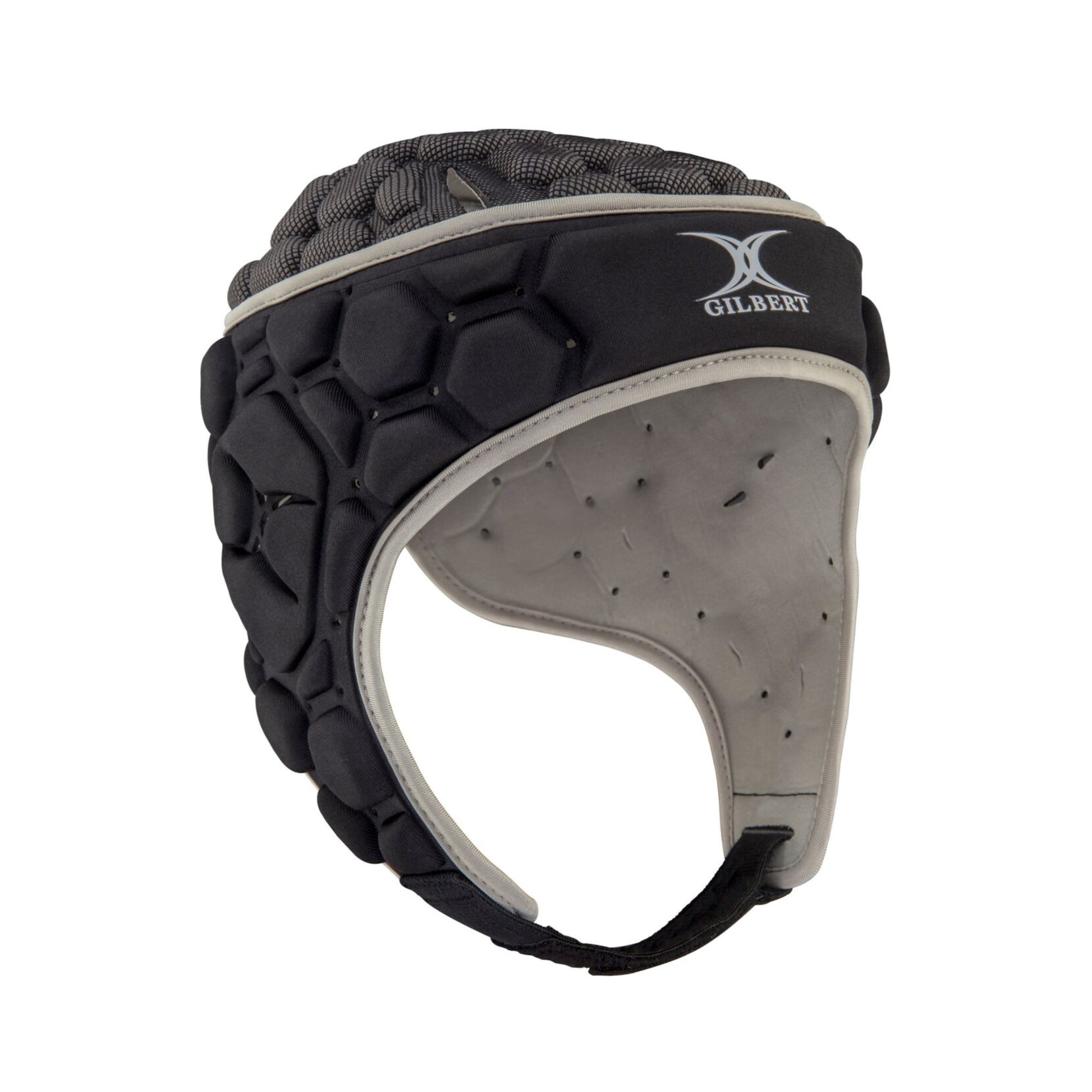 Black and gray rugby helmet with a visible brand logo on a white background