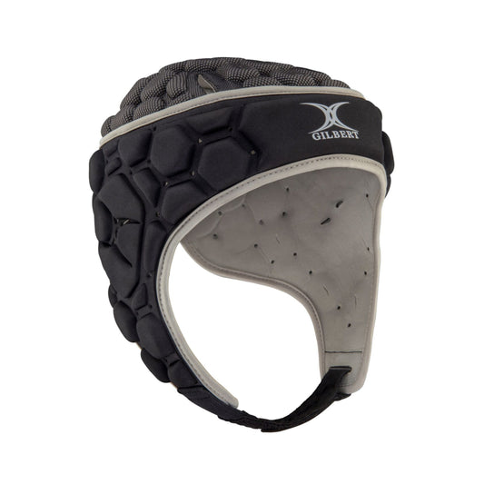 Black and gray rugby helmet with a visible brand logo on a white background