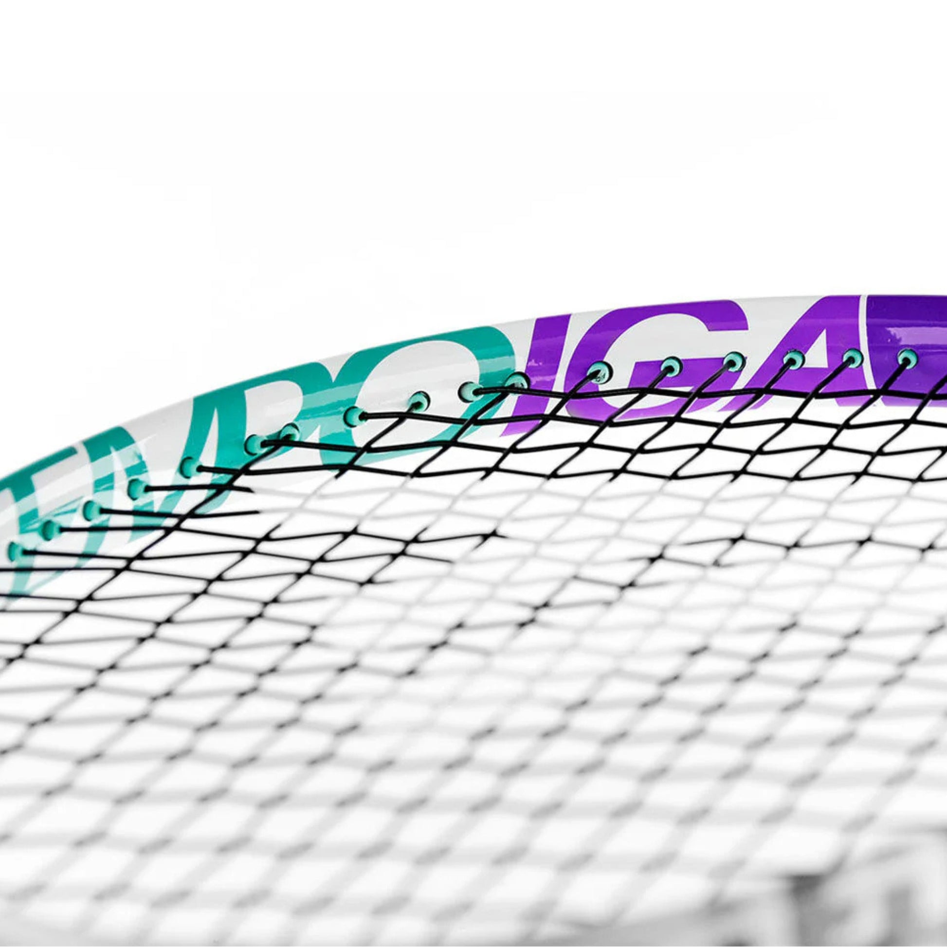 Close-up of a tennis racket with on a white background