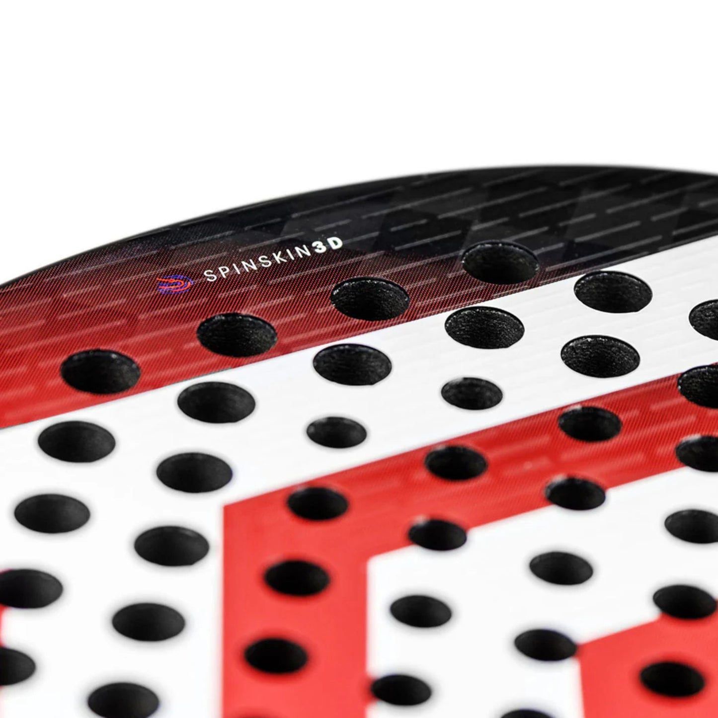 Close-up of a red and black padel racket with 'SPINSKIN3D' branding on a white background.