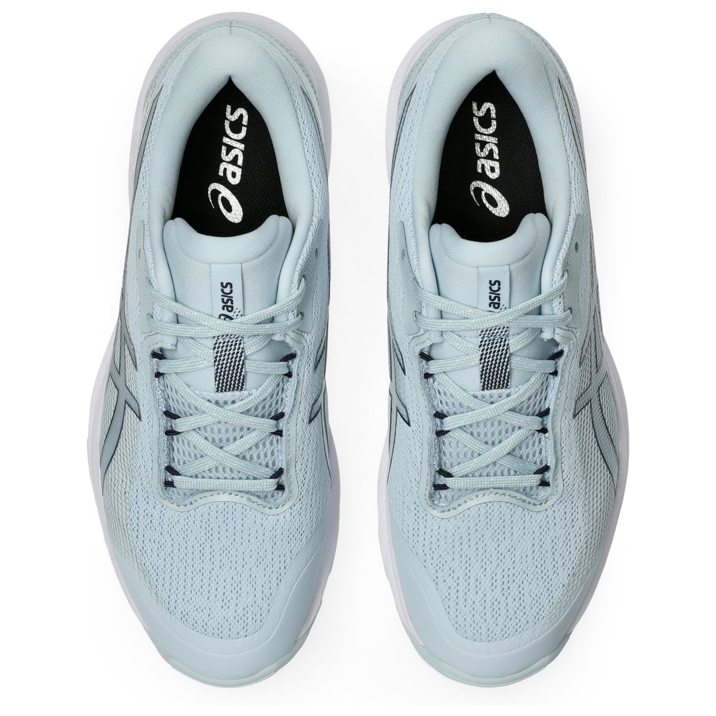 Pair of light blue Asics netball shoes on a white background