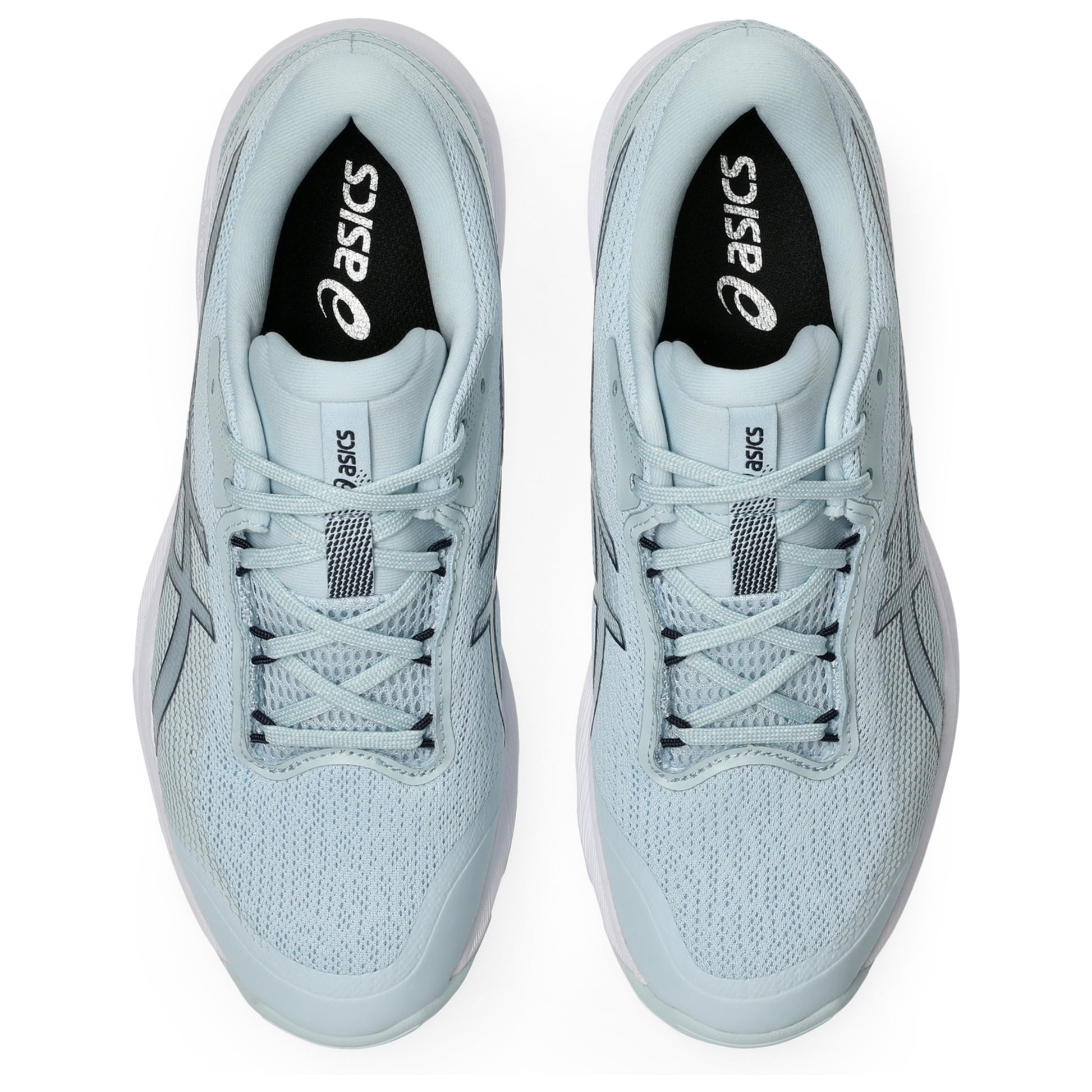 Pair of light blue Asics netball shoes on a white background