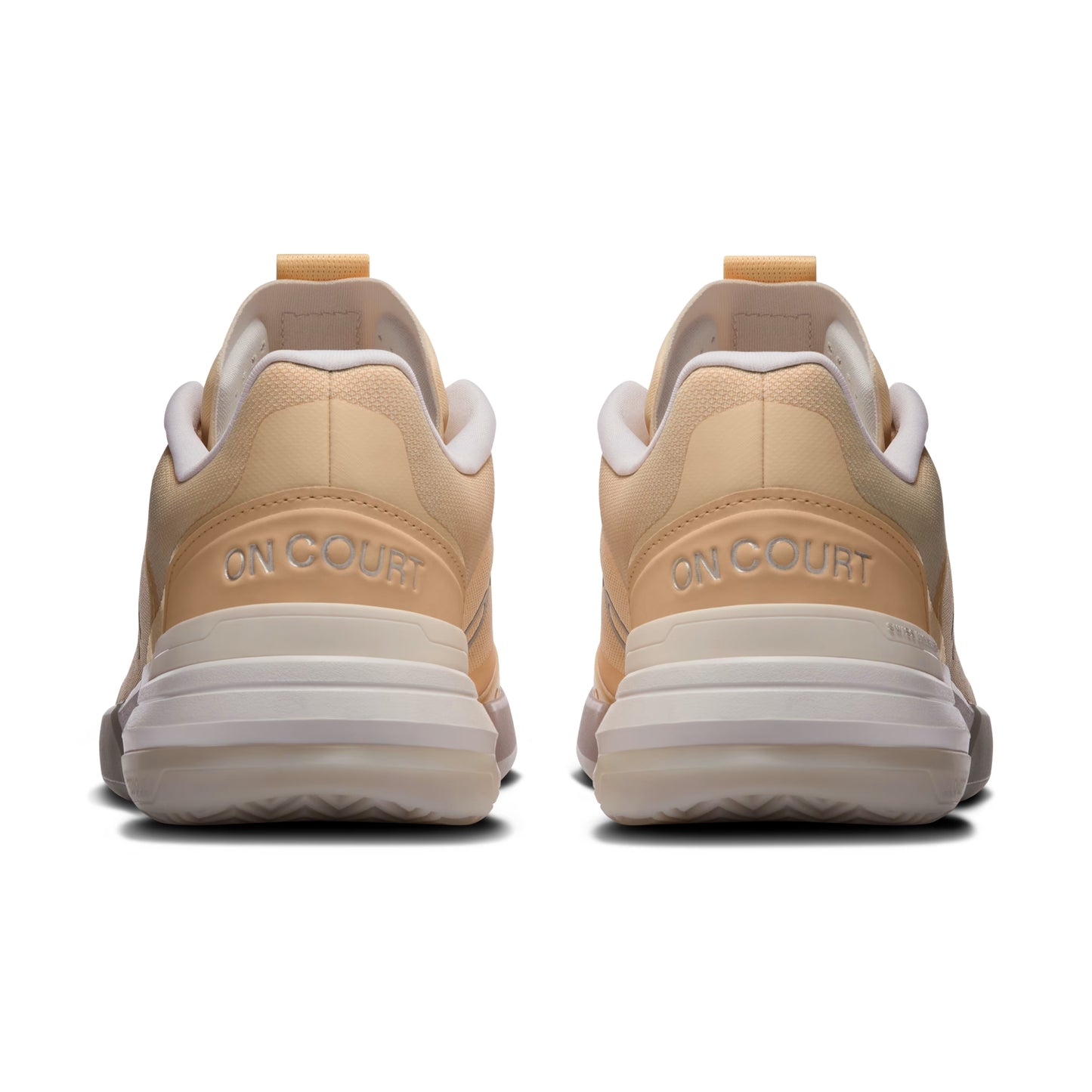 A pair of beige and white On shoe shown from the back, featuring the text 'ON COURT' embossed on the heel area.