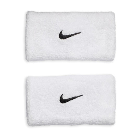 Two white wristbands with black Nike logos on a white background