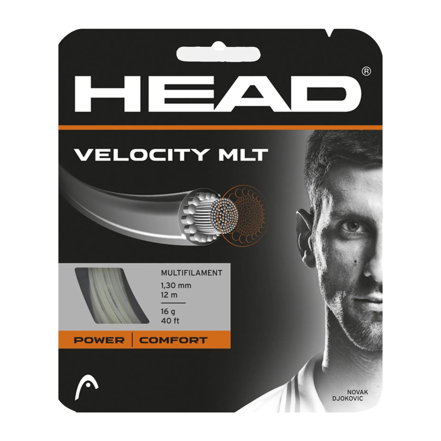 HEAD Velocity MLT tennis string package with a player's face on the packaging.