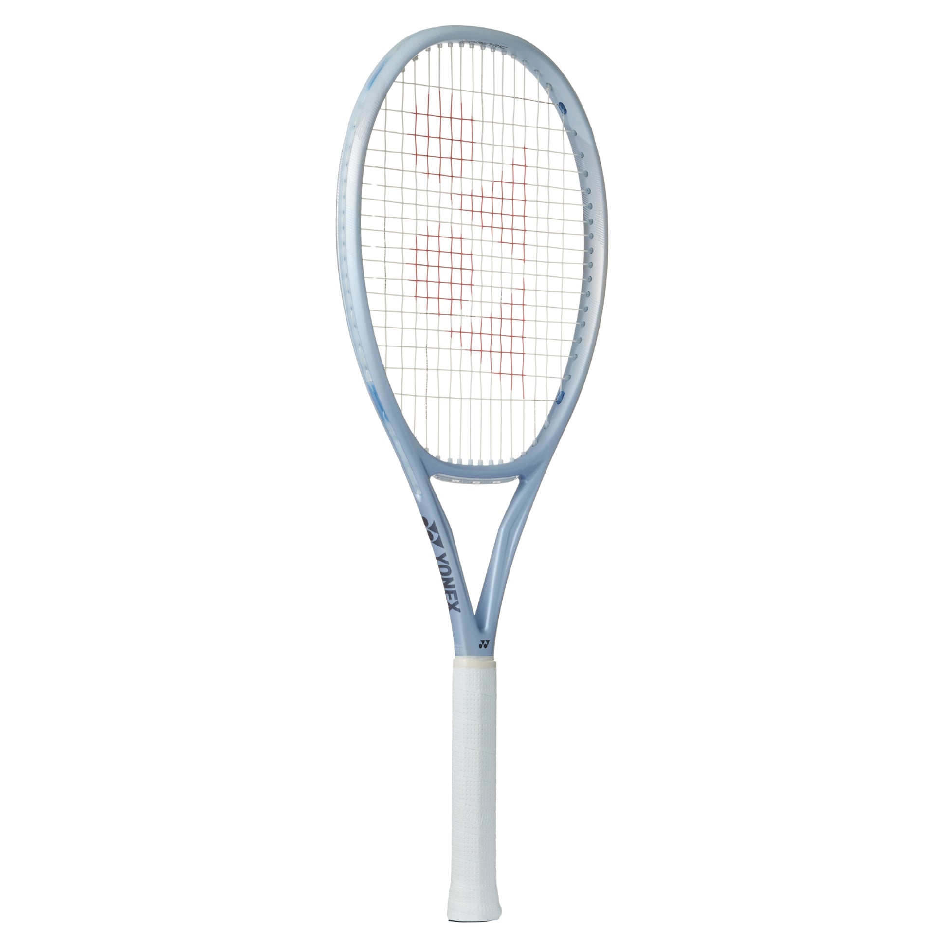 Gray Yonex tennis racket with a white background