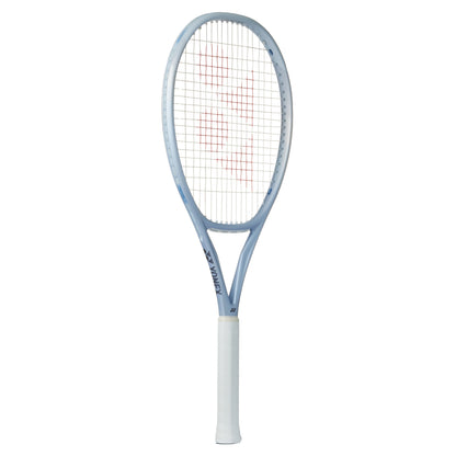 Gray Yonex tennis racket with a white background