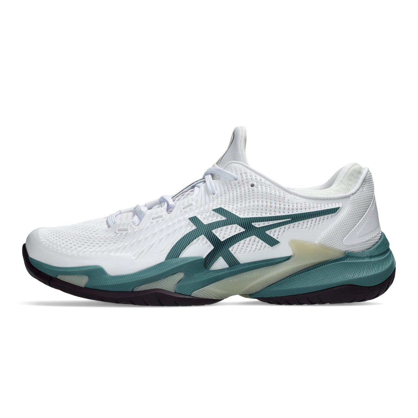 White and dark green Asics tennis shoe with a black sole on a white background