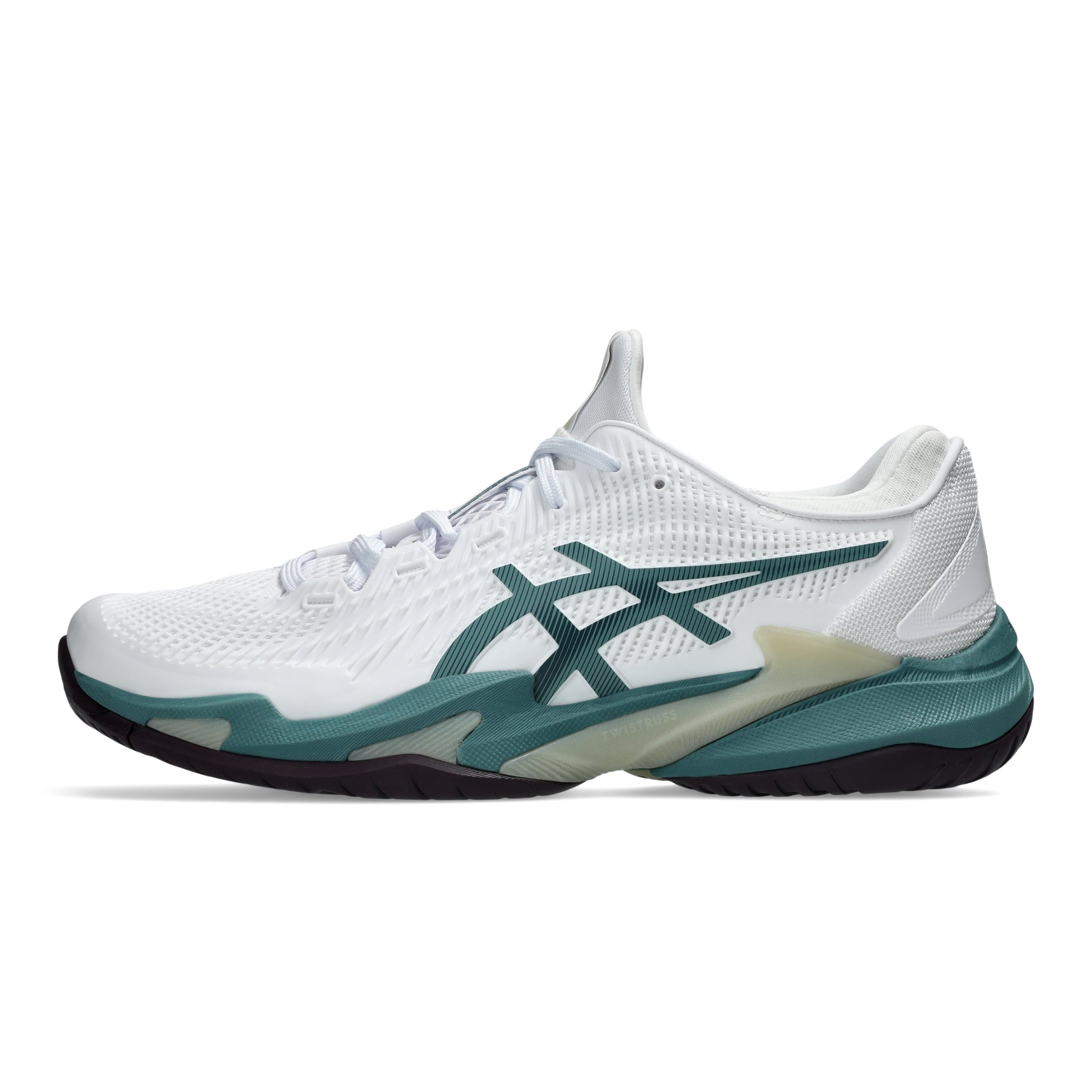 White and dark green Asics tennis shoe with a black sole on a white background