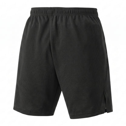 Black Yonex shorts with a logo on a white background