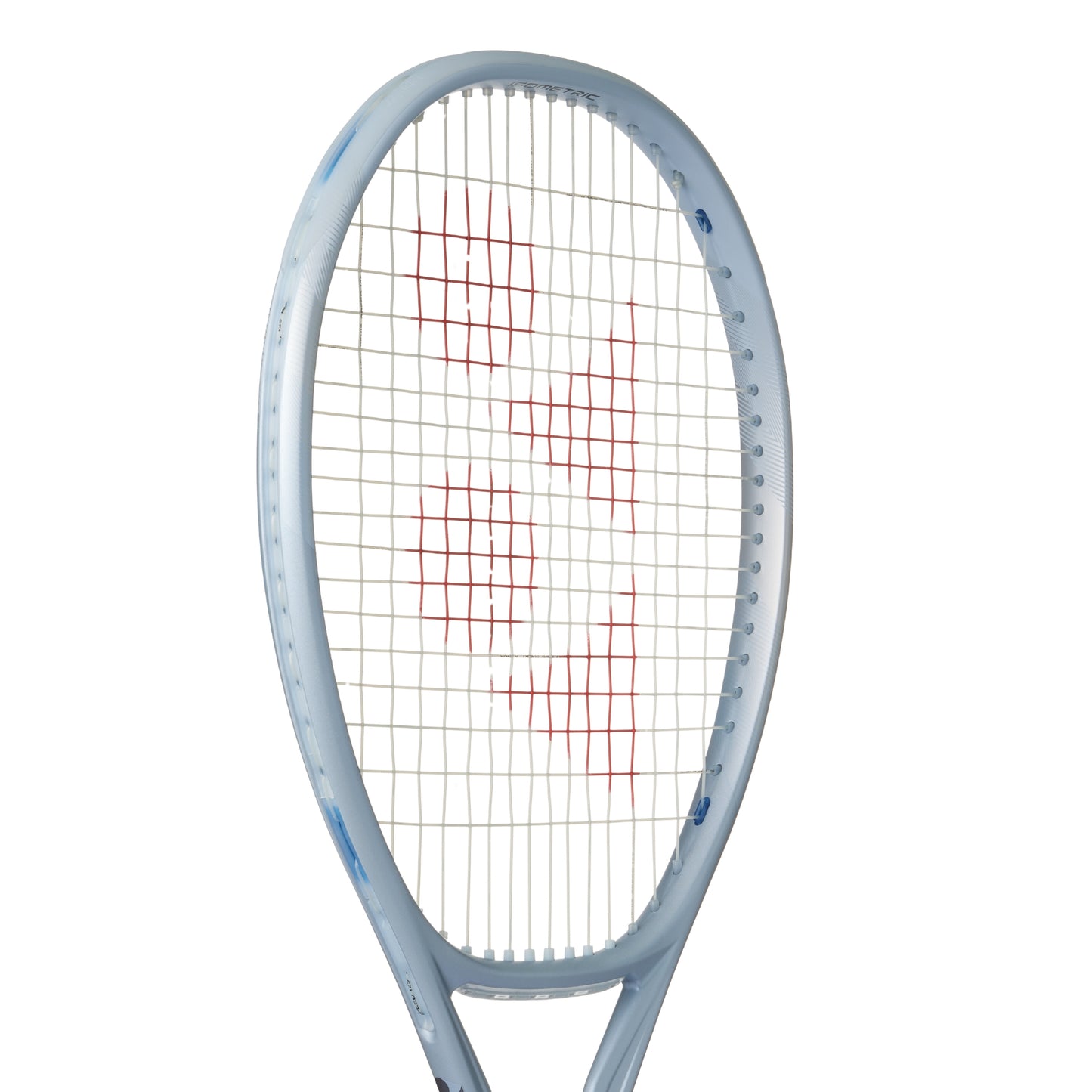 Yonex gray tennis racket with a white and blue frame on a white background