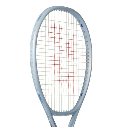 Yonex gray tennis racket with a white and blue frame on a white background