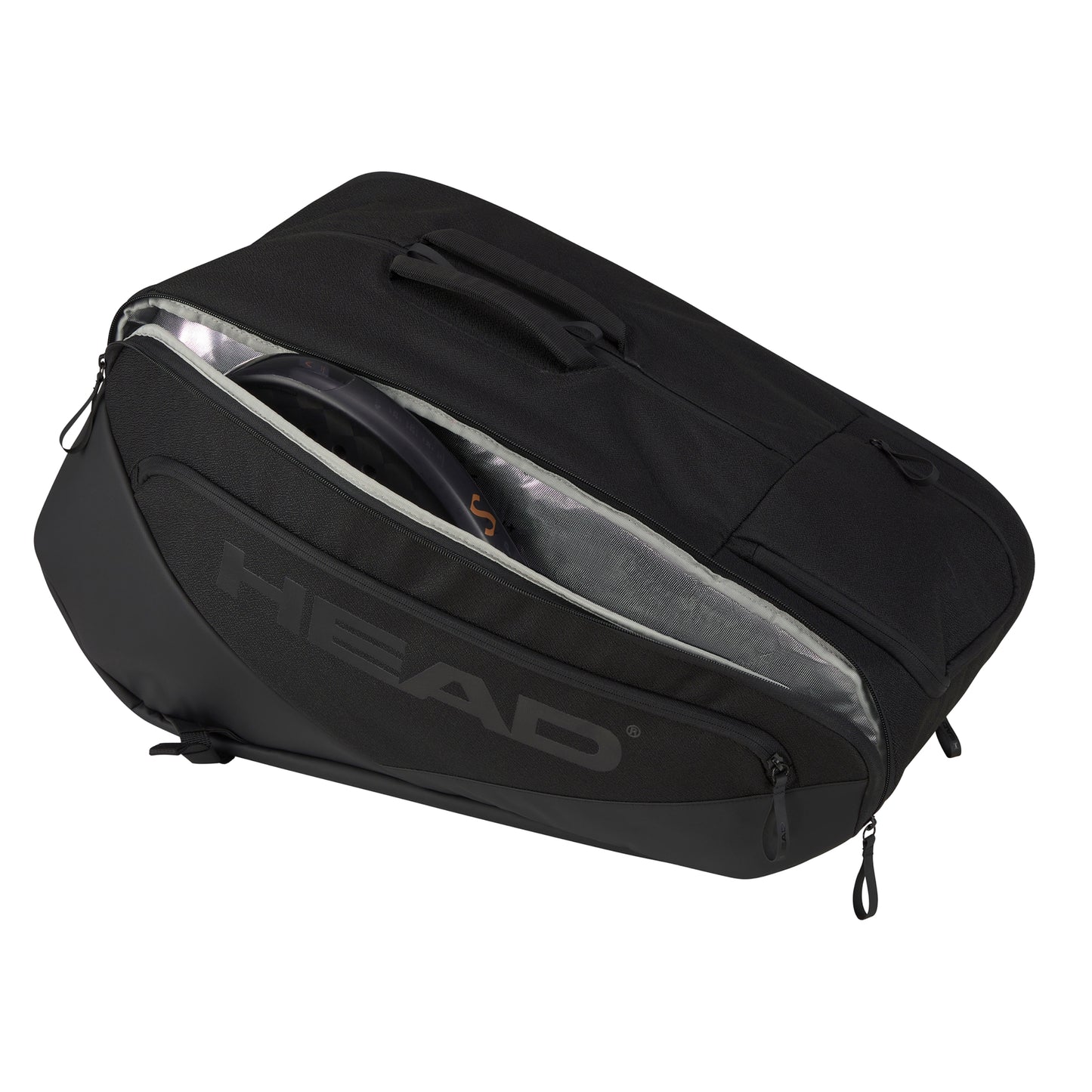 Black racket bag with visible 'HEAD' branding on a white background