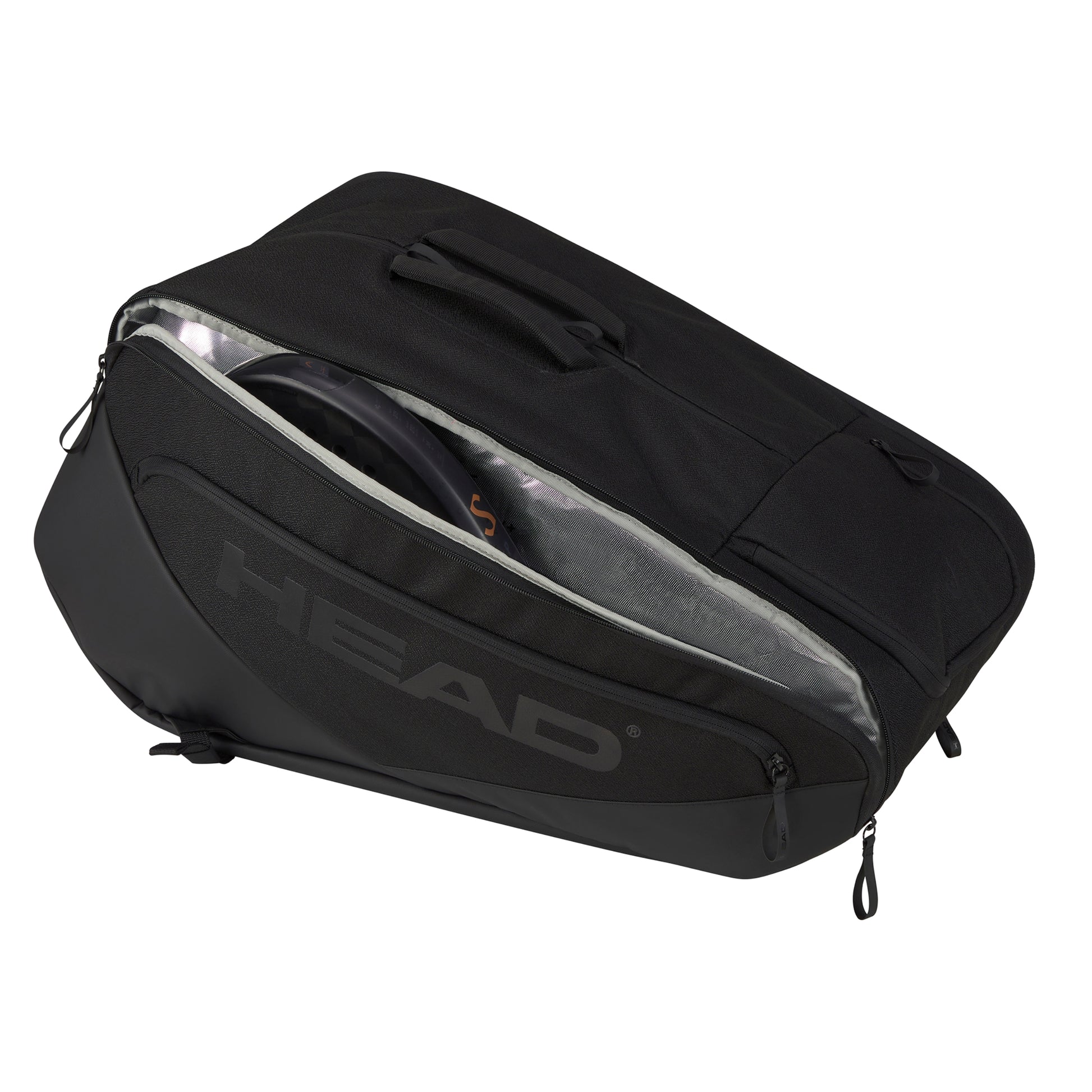 Black racket bag with visible 'HEAD' branding on a white background