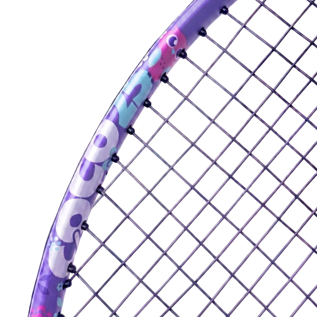 Close-up of a Head tennis racket string bed and part of the purple frame with colorful  graphics and the brand name 'Coco 25' printed on it, set against a solid white background.