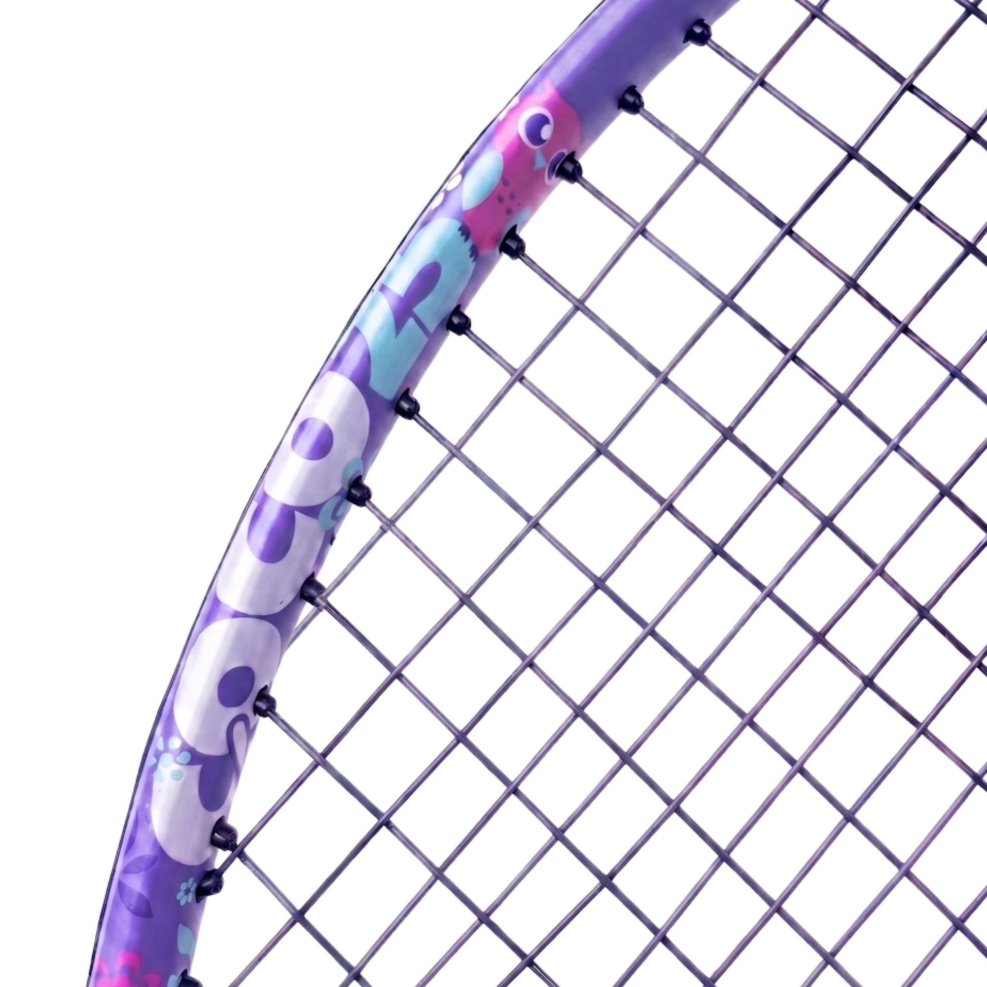 Close-up of a Head tennis racket string bed and part of the purple frame with colorful  graphics and the brand name 'Coco 25' printed on it, set against a solid white background.