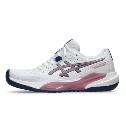 A white ASICS tennis shoe with a pink and navy blue design, featuring the ASICS logo on the side and a translucent pink midsole accent, shown against a plain white background.