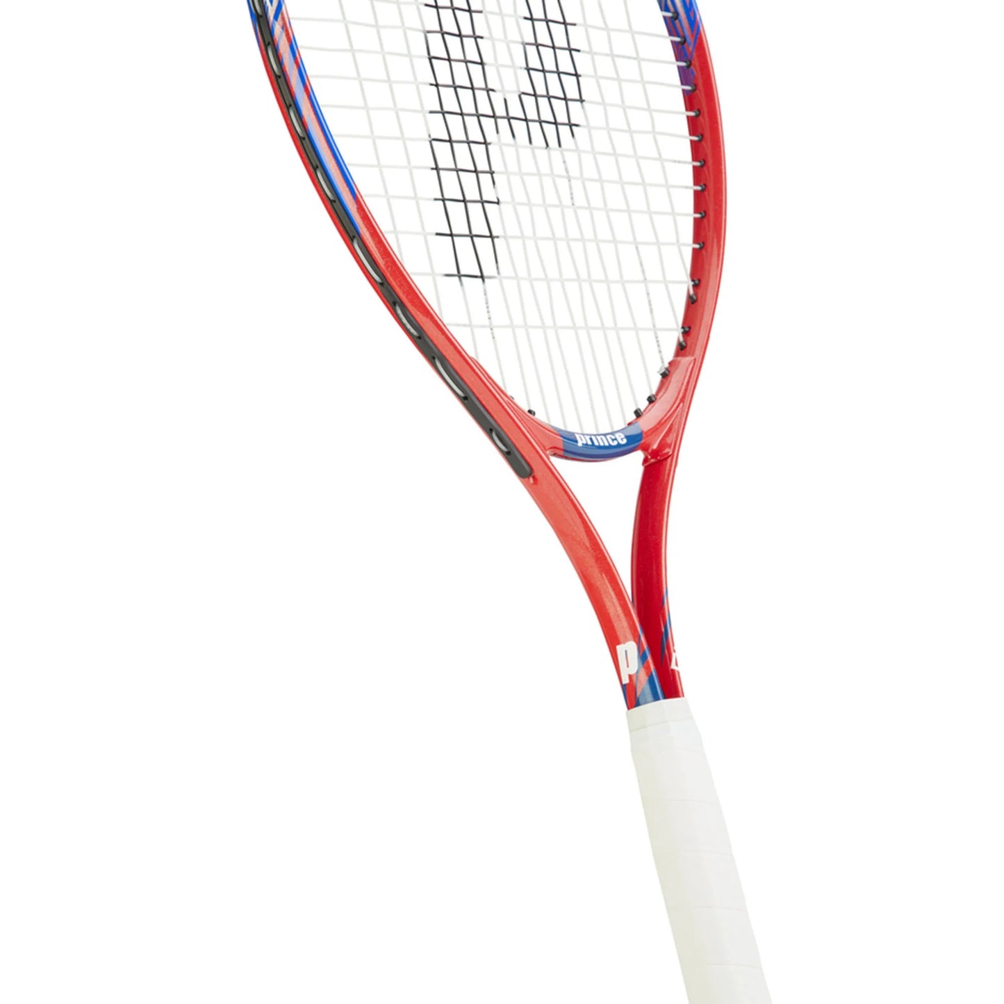 Tennis racket with red and white design on a white background