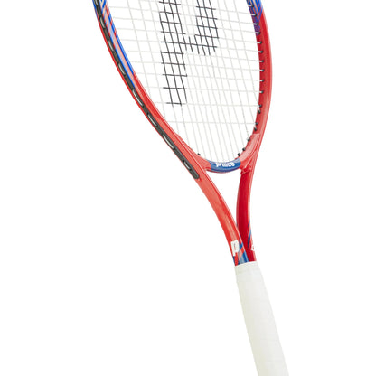 Tennis racket with red and white design on a white background