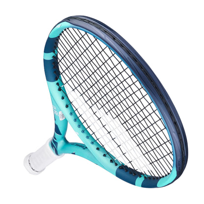 Babolat blue and teal tennis racket on a white background