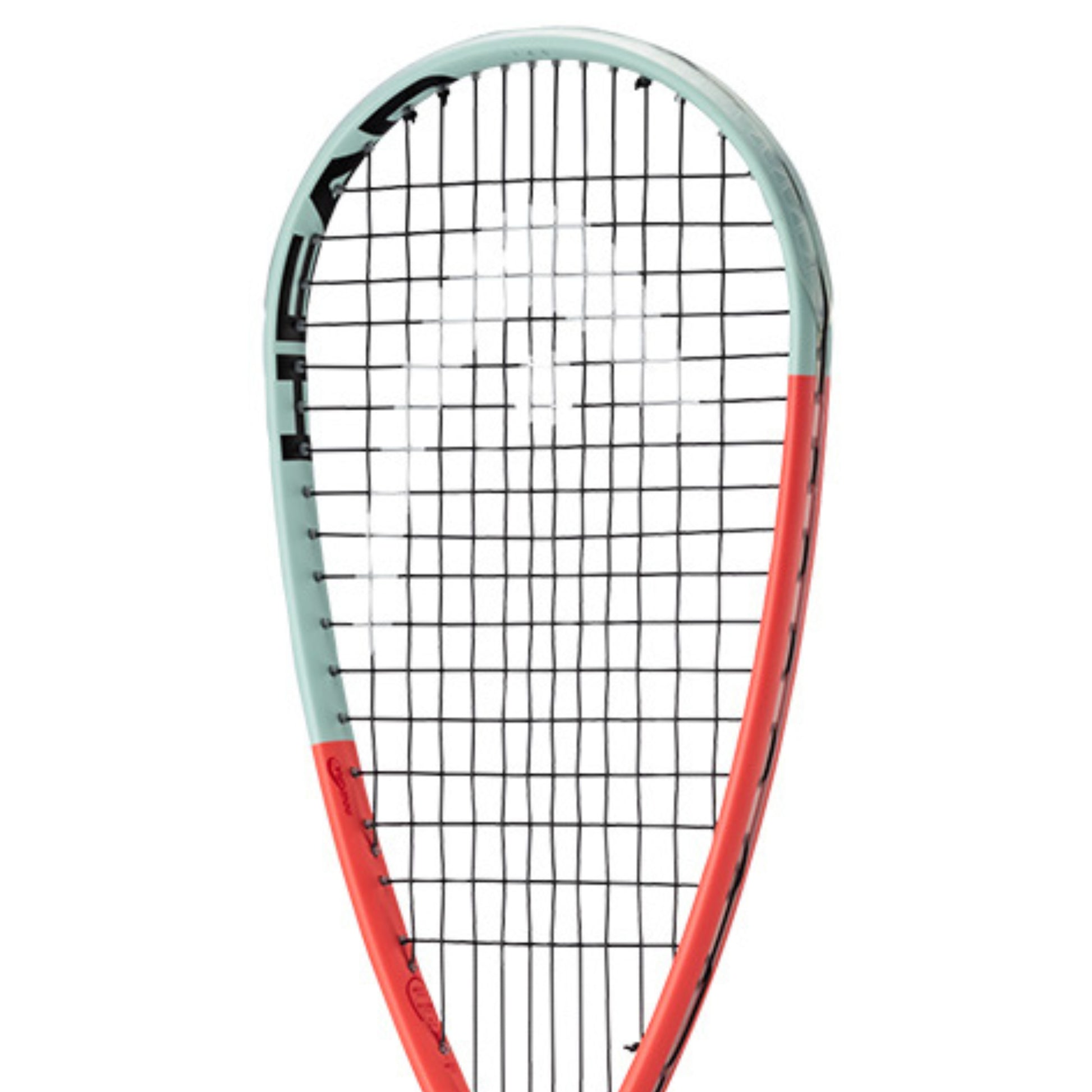 Squash racket with orange and gray design on a white background