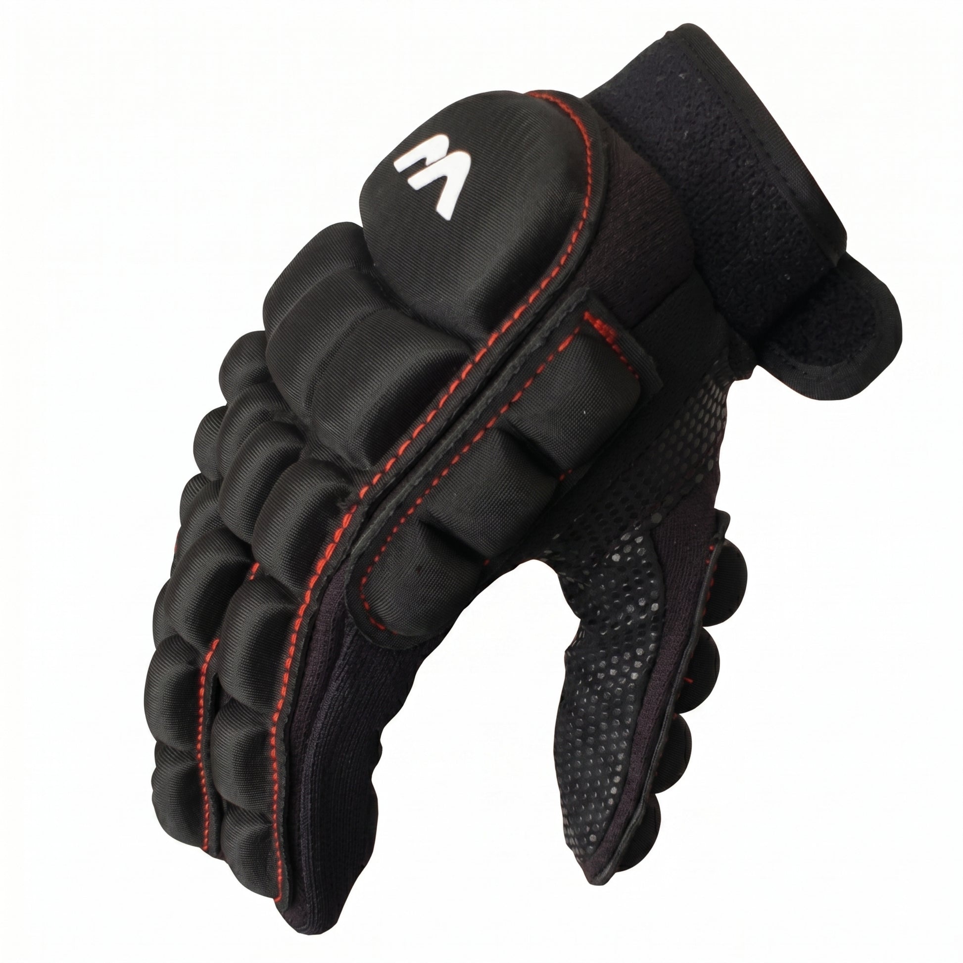 Black Mercian glove with orange stitching on a white background