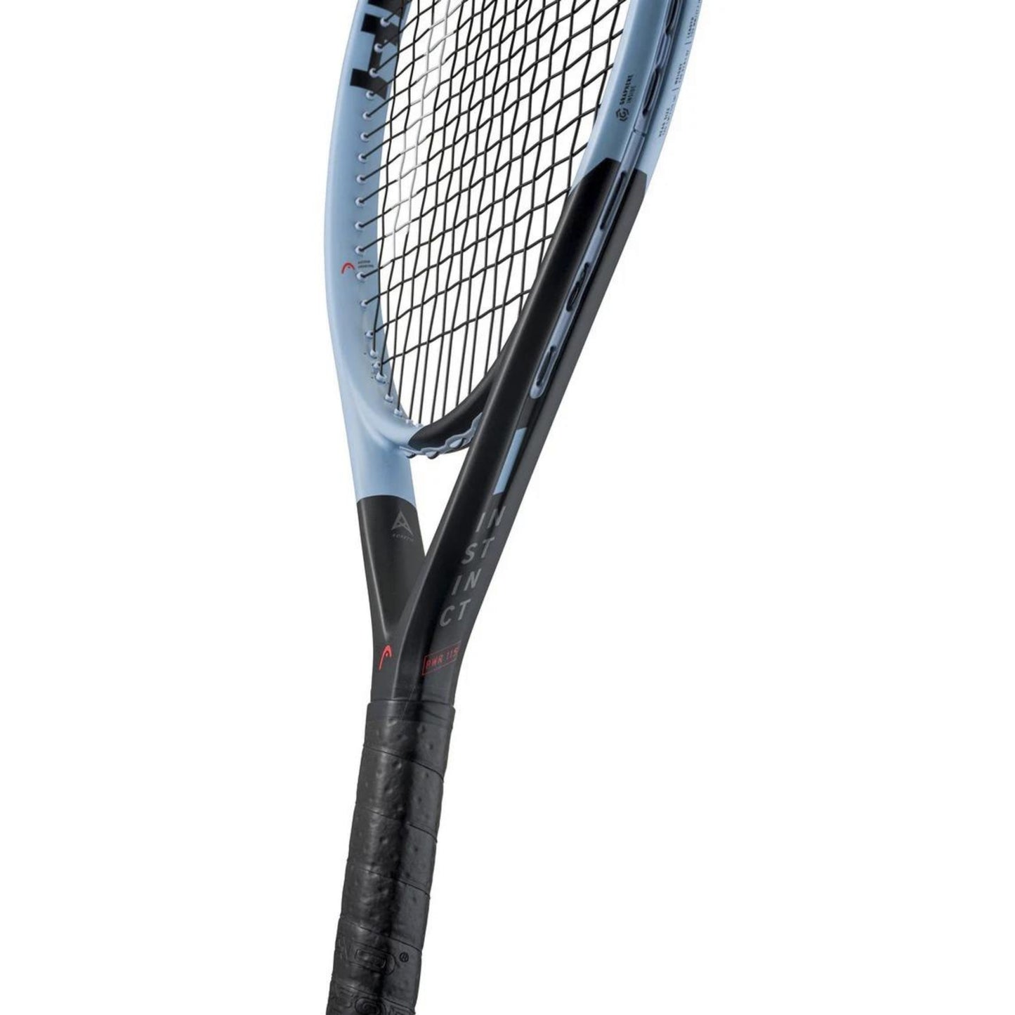 Head tennis racket with a close-up of the strings on a white background