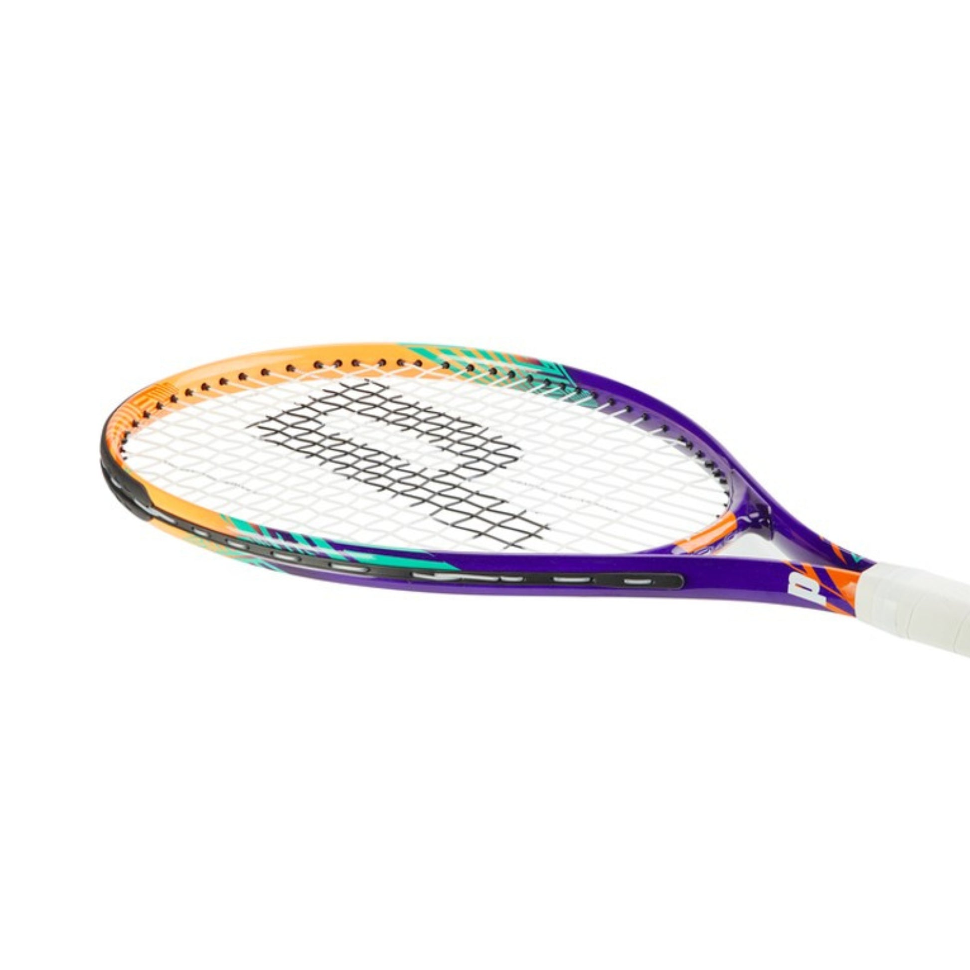 Tennis racket with a colorful design on a white background