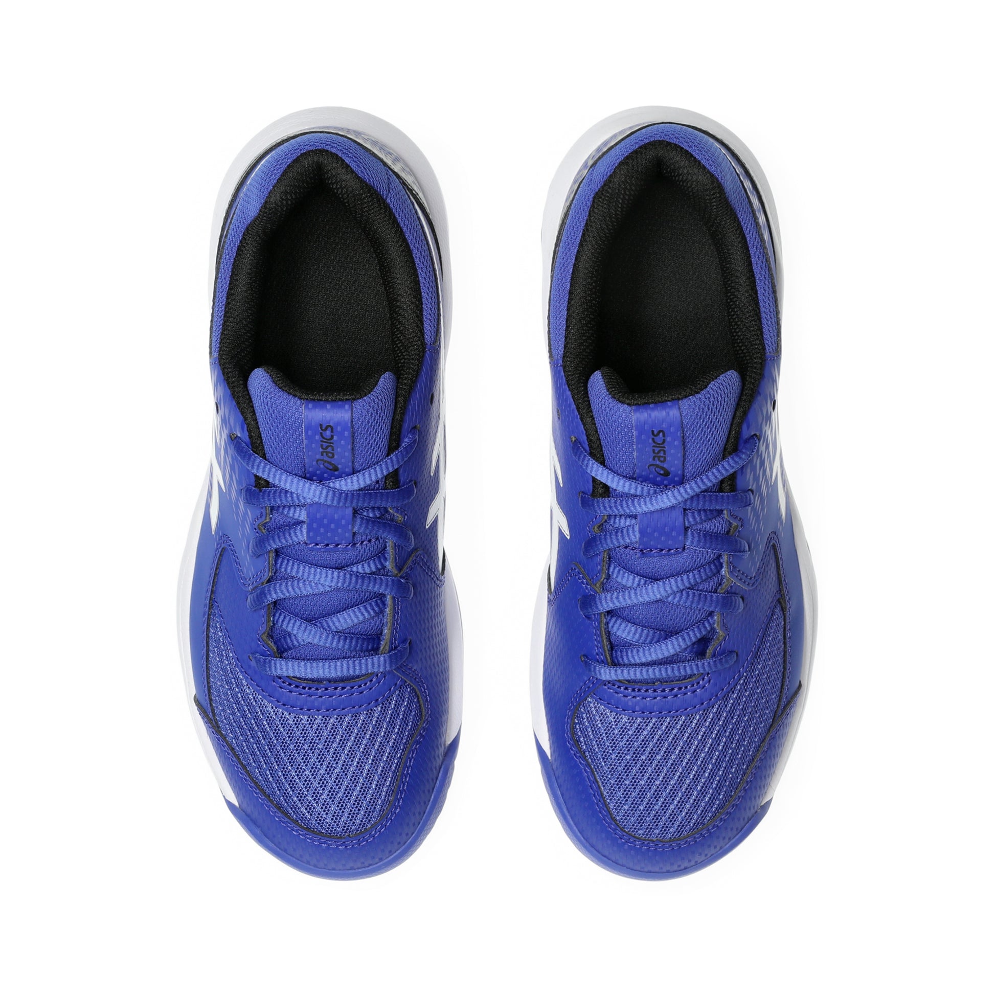 Pair of blue Asics tennis shoes on a white background