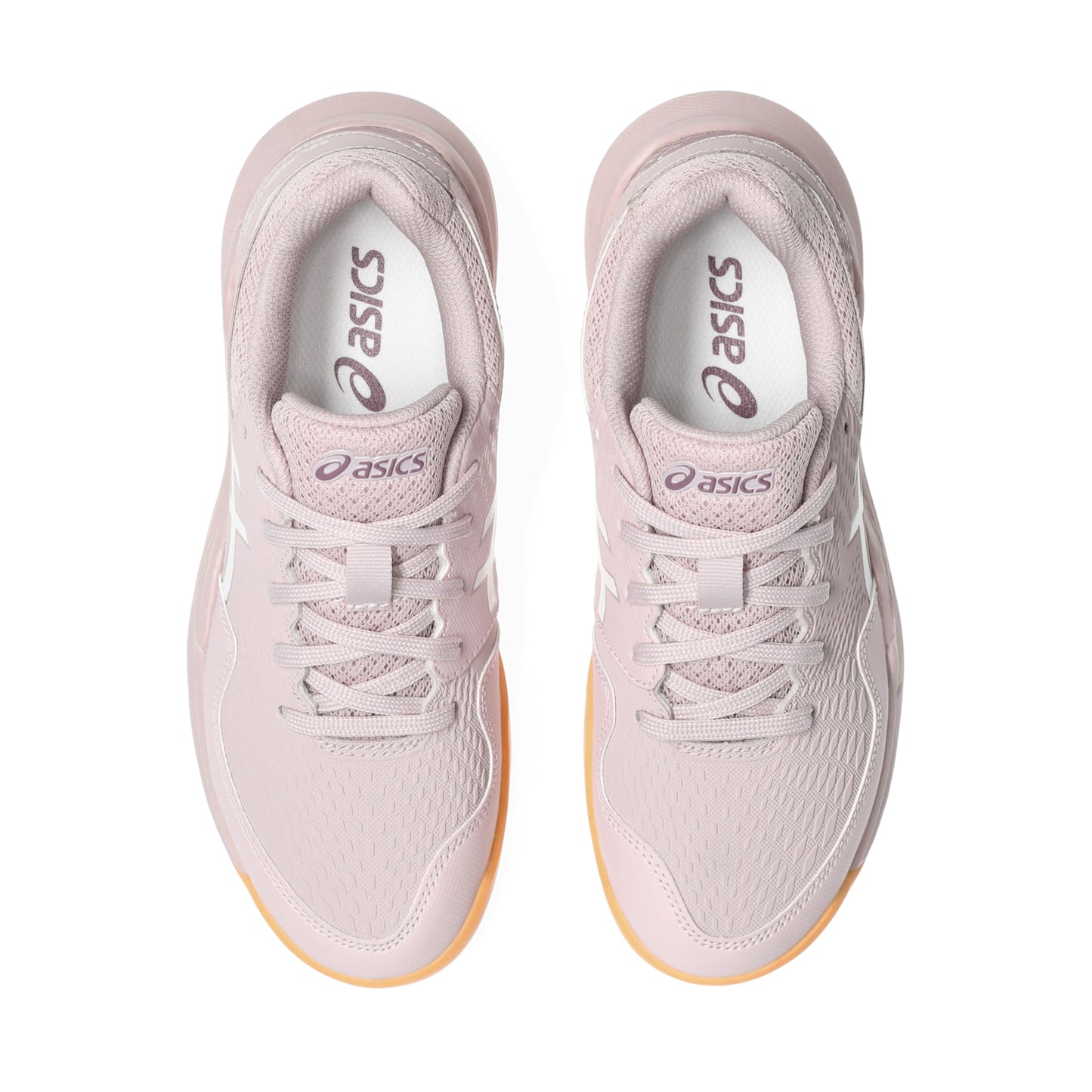 Pair of pink Asics tennis shoes on a white background