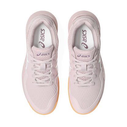 Pair of pink Asics tennis shoes on a white background