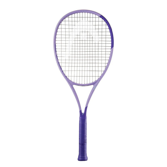 A purple Head tennis racket with a purple grip handle and black string bed, shown vertically against a plain white background.