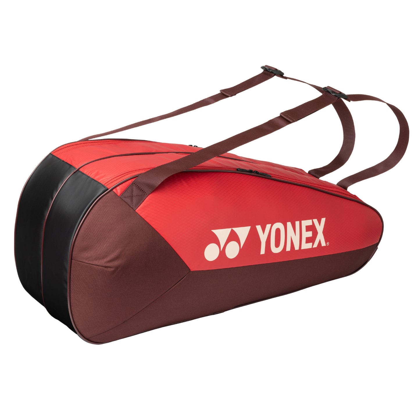 Red and brown tennis bag with Yonex logo on a white background