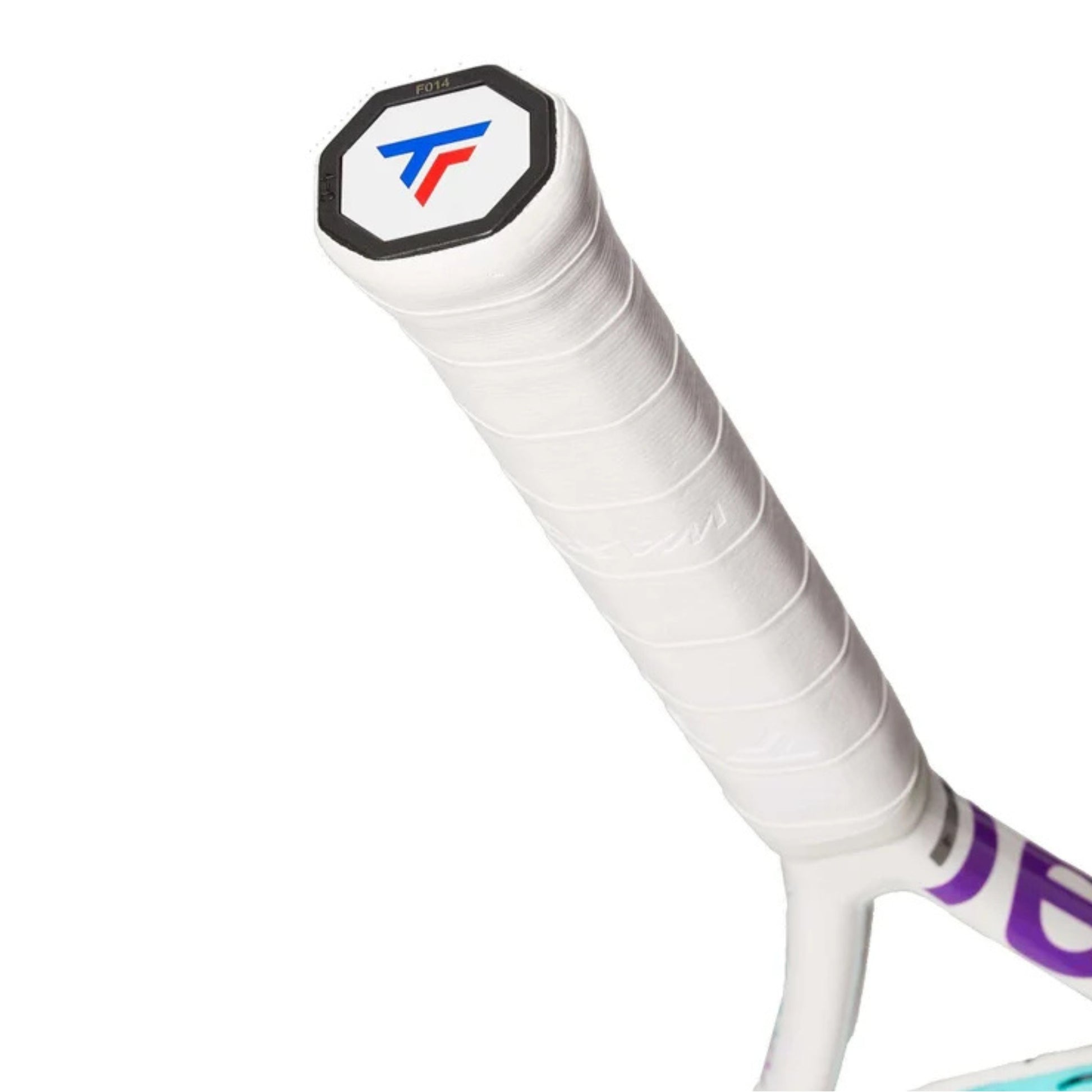 Close-up of a tennis racket handle with a brand logo on a white background