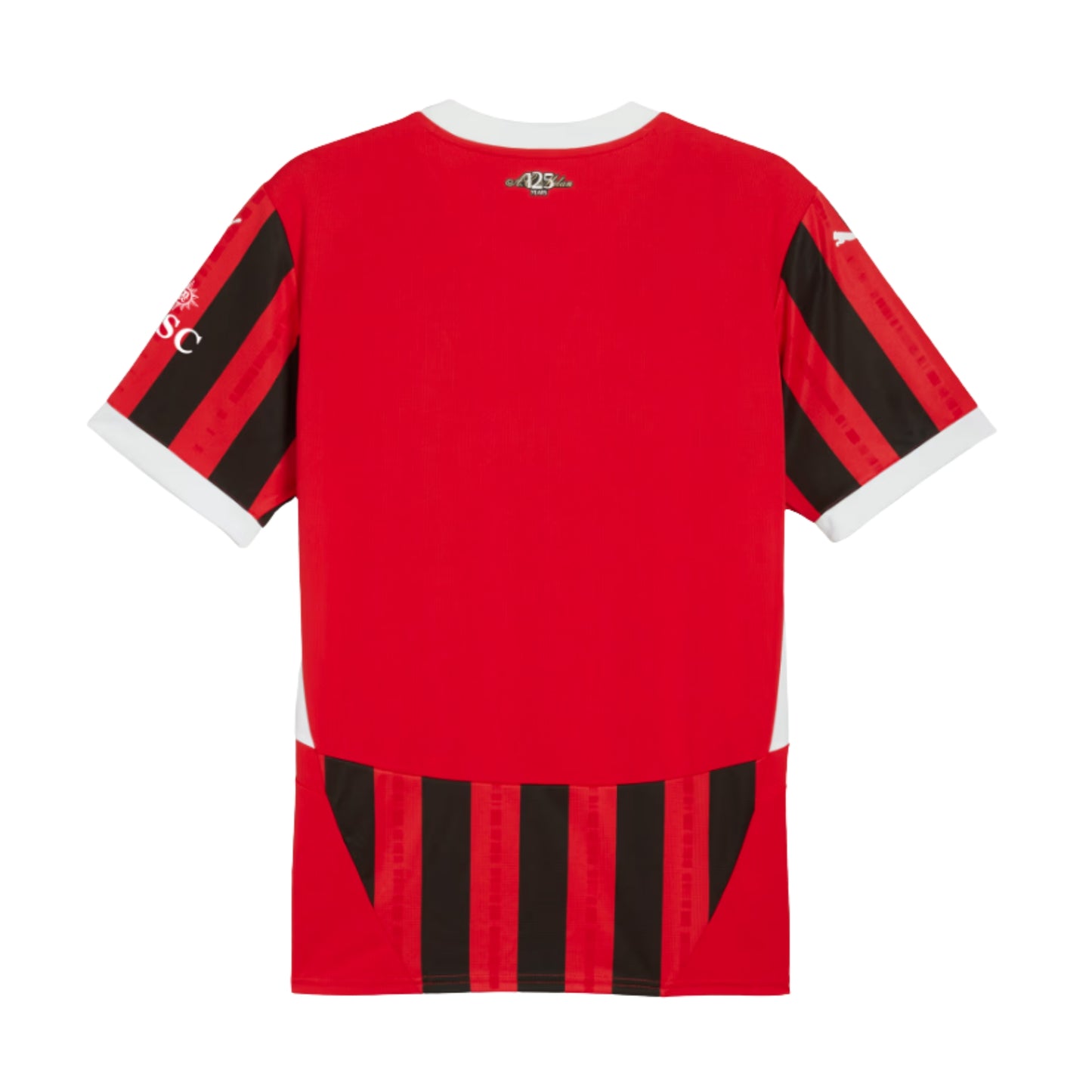Back of red sports jersey with black stripes on a white background