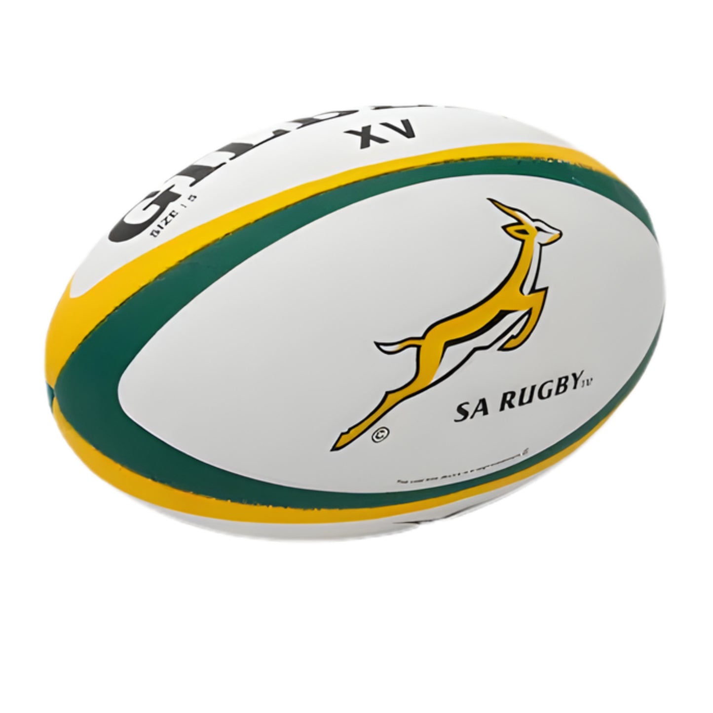 SA Rugby ball with yellow and green stripes on a white background