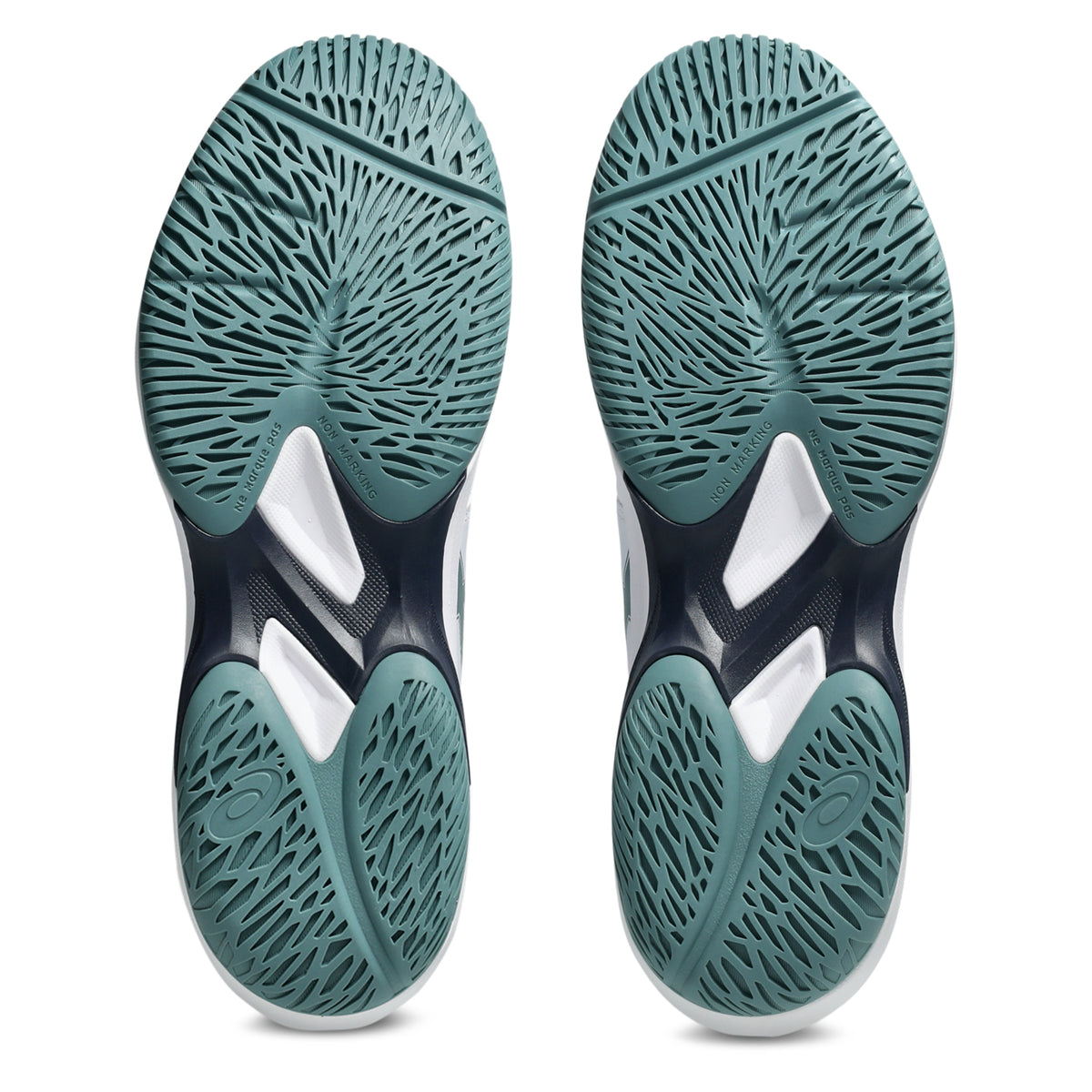The outsoles of a pair of Asics tennis shoes, featuring a textured teal green tread pattern with white and black structural accents in the center, shown against a plain white background.