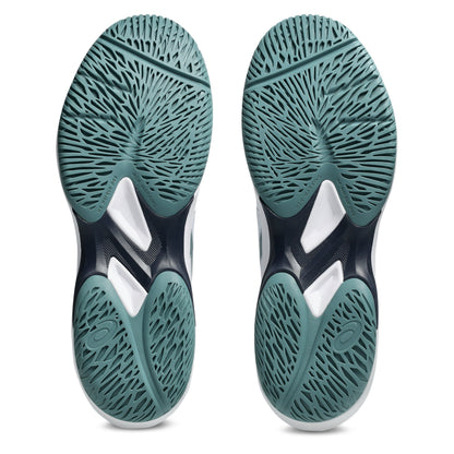 The outsoles of a pair of Asics tennis shoes, featuring a textured teal green tread pattern with white and black structural accents in the center, shown against a plain white background.